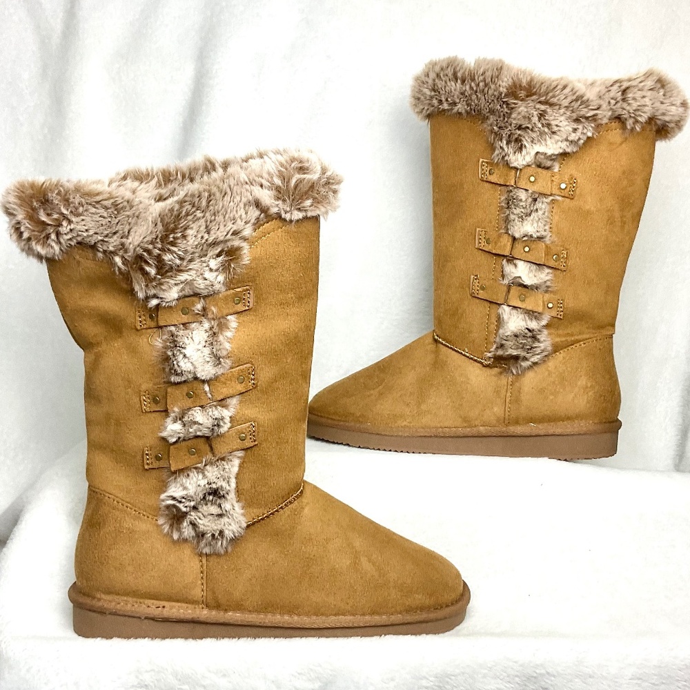 HStylish Brown Slip On Calf High Fur-Lined Waterproof Winter Snow Boot Sz 9 - Picture 2 of 16